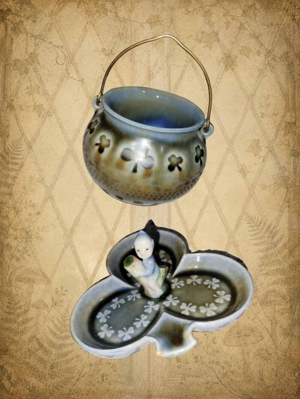 Meadows & Rainbows 🍀🧚‍♂️ WADE Irish Shamrock Cauldron & Leprechaun Dish